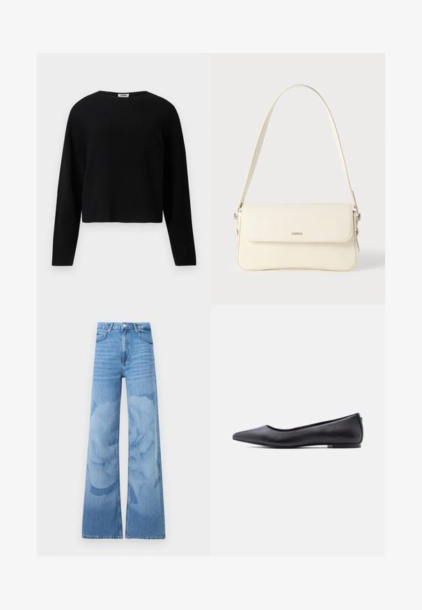 Pull en maille noir à manches longues, court, avec un col rond et une coupe décontractée, présenté sur un fond blanc.; Jean bleu clair à jambes larges avec taille haute, bouton à l'avant et poches, présentant un motif floral subtil lavé sur les jambes.; Chaussure plate en cuir noire à bout pointu avec petit talon, vue de profil sur fond blanc.; Sac à bandoulière en cuir couleur crème avec fermeture à rabat, quincaillerie argentée, une bandoulière réglable et un logo discret.