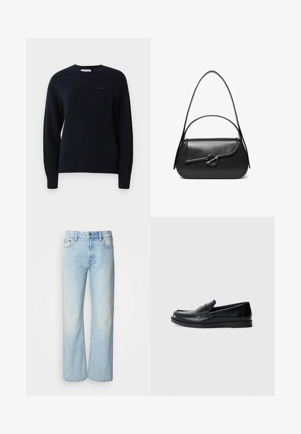 Mustassa pitkähihaisessa crewneck-neuleessa on ribbireunat hihansuissa ja helmassa, ja vasemmassa rinnassa on hillitty brodeerauslogo.; Vaaleansiniset leveälahkeiset farkut, jotka on valmistettu denimistä. Niissä on klassinen viiden taskun muotoilu ja hienovarainen haalistunut tekstuuri. Denimikohtaa on näkyvissä.; Mustat nahka loafer-kengät, joissa on ommeltu korostussuunnittelu, pyöreä kärki, litteä kumipohja ja sileä pinta. Klassinen, monipuolinen siluetti.; Musta nahkainen olkalaukku, jossa on kaareva läppä, jonka kiinnittää pyöreä metallilukko, ja ohut, säädettävä hihna.
