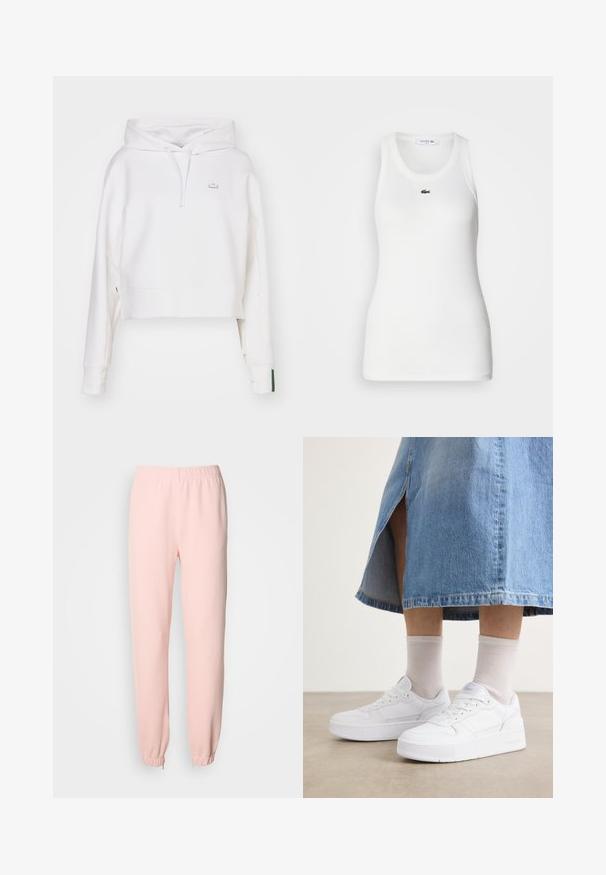 Sweat à capuche court blanc en mélange de coton, avec un cordon de serrage à la capuche, des poignets côtelés et un petit logo brodé sur la poitrine.; Débardeur blanc sans manches avec un col rond et une texture côtelée. Présente un petit logo crocodile vert de Lacoste sur la poitrine.; Pantalons de survêtement rose pâle avec taille élastique, jambes fuselées et poignets élastiques froncés aux chevilles sur un fond uni.; Baskets blanches en cuir texturé, avec une semelle épaisse, un bout rond et un système de laçage ; associées à des chaussettes unisexe gris clair et à une jupe en denim.