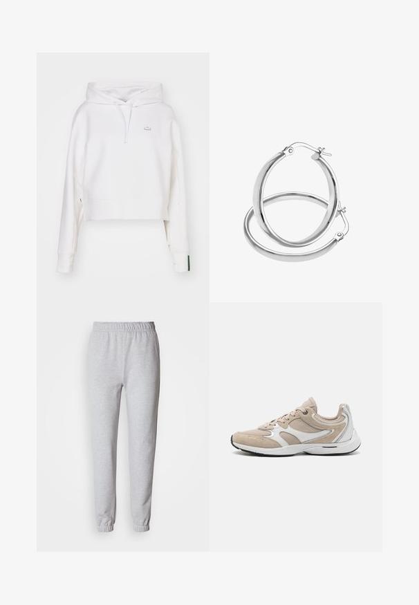 Sudadera corta blanca hecha de una mezcla de algodón, con capucha ajustable, puños acanalados y un pequeño logo bordado en el pecho.; Pantalones deportivos gris claro hechos de una mezcla suave de algodón. Cuentan con una cintura elástica y puños en los bajos. Diseño sencillo y sin adornos.; Zapatilla deportiva beige con parte superior de ante y sintético, detalles en plata, superposiciones texturizadas y una suela acolchada, con cierre de cordones.; Pendientes de aro de metal en tono plateado con un acabado liso y pulido. Cuentan con un cierre seguro para un uso fácil y miden aproximadamente 3 pulgadas de diámetro.