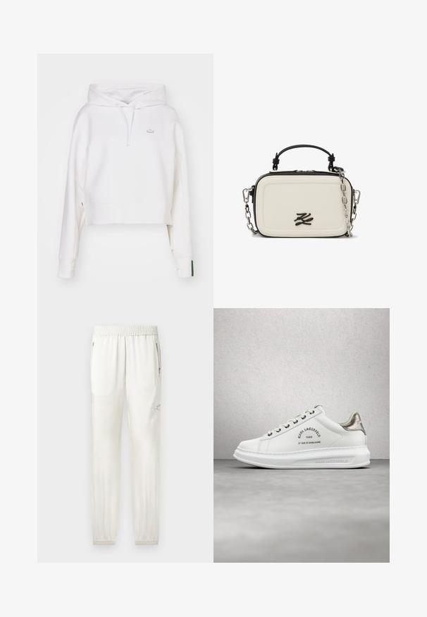 Sudadera corta blanca hecha de una mezcla de algodón, con capucha ajustable, puños acanalados y un pequeño logo bordado en el pecho.; Joggers de crema clara con cinturilla elástica, puños ajustados, bolsillos laterales y detalles con cremallera. Acabado de tela suave y ligeramente brillante.; Zapatilla blanca de Karl Lagerfeld con lengüeta beige en el talón, cordones blancos y marca en el costado y la suela, flotando sobre un suelo gris pulido.; Bolso rectangular pequeño de color crema con ribete negro, asa superior y cadena plateada, que presenta un logo negro en el frente.