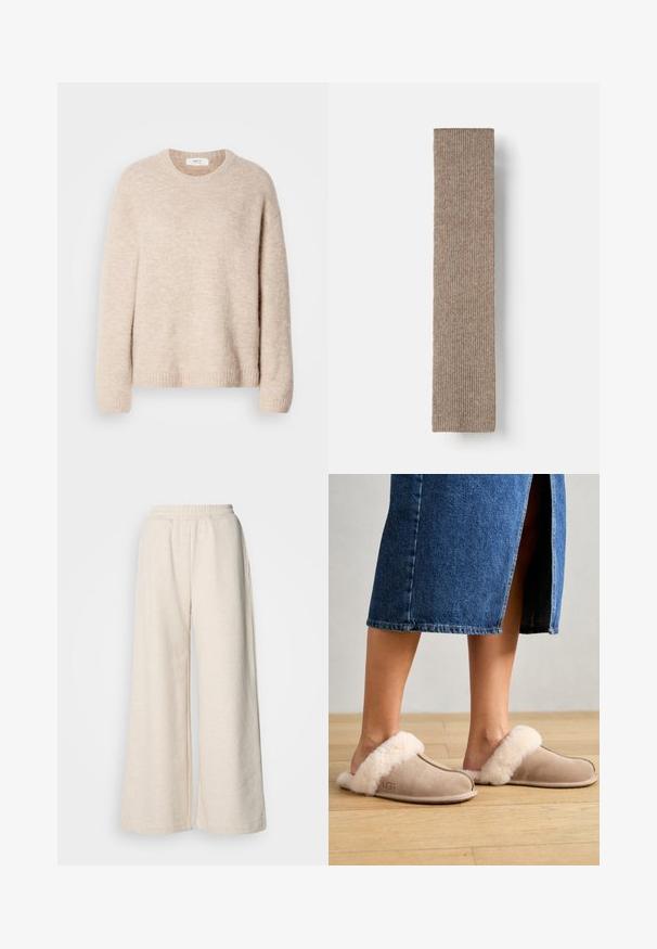 Beige strikket sweater med rund hals, lange ærmer og ribkant. Blødt, tekstureret stof med en afslappet pasform.; Højtsiddende, vide bukser i lysebeige stof. Har en elastisk talje og sidelommer. Blød tekstur med et afslappet design.; UGG SCUFFETTE II - Hjemmesko - sand; Ribbet brun tørklæde lavet af blødt materiale, rektangulær form, med jævn tekstur og ingen synlige mønstre eller accenter.