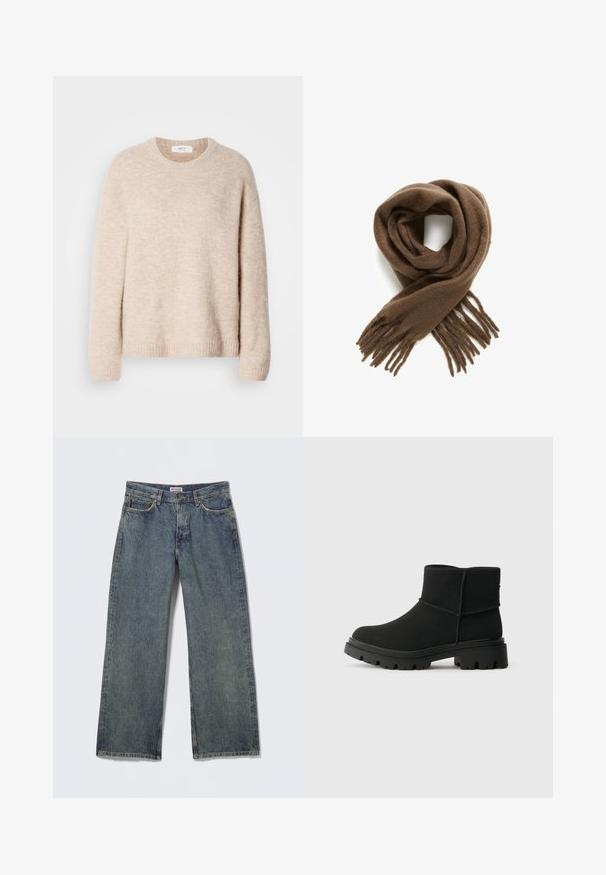 Beige strikket sweater med rund hals, lange ærmer og ribkant. Blødt, tekstureret stof med en afslappet pasform.; Blå denim jeans med vide ben, høj talje, fem-lomme design og subtil slid på stoffet. Mærkeetiket synlig på linningen.; Sorte ankelstøvler med en glat stofoverflade, robust gummisål og struktureret mønster. Har minimalistisk design og diskret syningsdetalje.; Blødt brunt uldent tørklæde løst foldet med frynser på en hvid baggrund.
