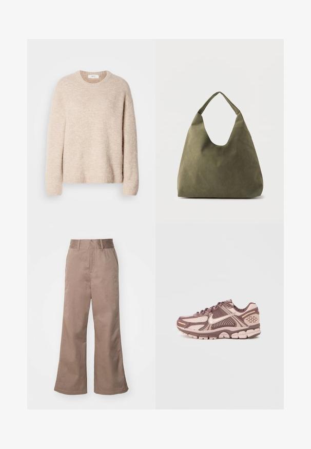 Pull en maille beige avec col rond, manches longues et ourlet côtelé. Tissu doux et texturé avec une coupe décontractée.; Pantalons en coton marron à jambes larges avec taille haute, poches avant et texture lisse. L'ourlet est légèrement évasé.; Chaussures de course légères dotées d'une tige en mesh aux nuances roses et brunes, avec des accents texturés et une semelle amortissante.; Sac à bandoulière en cuir souple vert olive avec une large sangle unique et une forme décontractée et non structurée sur un fond clair.