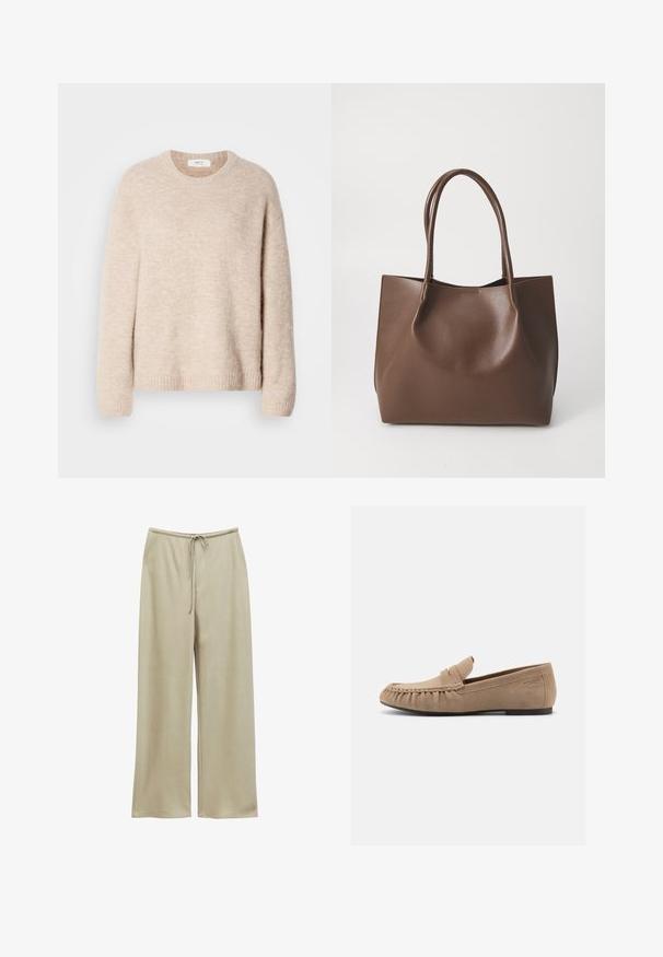 Suéter de punto beige con cuello redondo, mangas largas y dobladillo acanalado. Tejido suave y texturizado con un ajuste relajado.; Pantalones de pierna ancha color beige con cintura elástica y cordón, tela lisa, sin bolsillos visibles ni estampados, mostrados planos sobre fondo blanco.; Mocasín beige de ante para hombre con costuras de mocasín, suela plana y detalle de tira con ranura para moneda, mostrado de perfil sobre fondo blanco.; Bolso tote de cuero marrón con dos asas largas, forma estructurada, textura suave y diseño minimalista. Sin herrajes o acentos visibles.