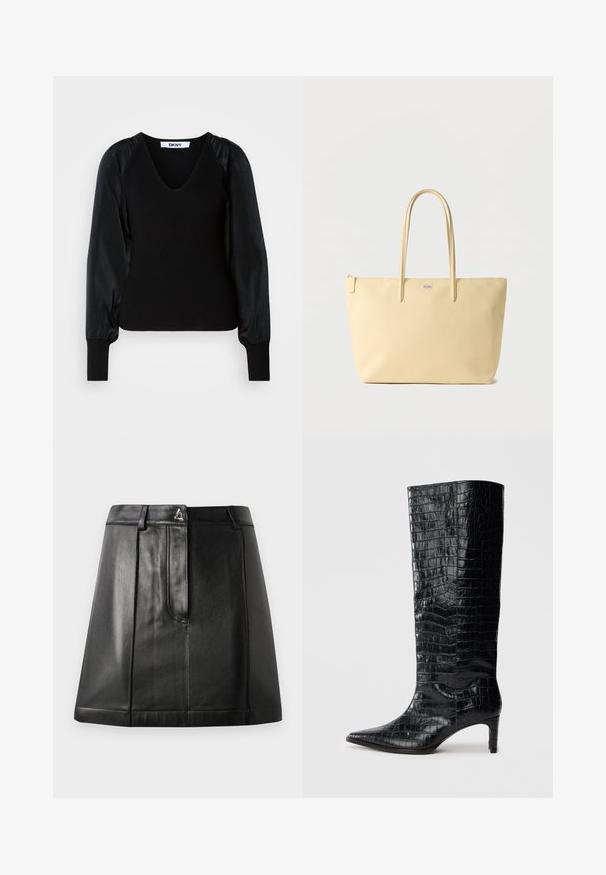 Pull noir DKNY à manches longues avec encolure en V, corps et poignets côtelés, et manches bouffantes en tissu lisse.; Jupe en cuir noir avec une forme structurée, dotée d'une poche avant et d'un accent métallique à la taille. Texture lisse et détails de couture.; Bottes noires montantes, avec une texture brillante à motif crocodile, bout pointu et talon effilé. Matériau synthétique lisse.; Sac fourre-tout beige avec double poignées, fermeture éclair et un petit logo argenté centré près du haut.