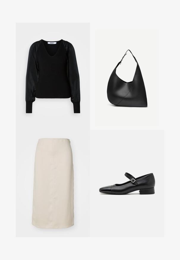 Pull noir DKNY à manches longues avec encolure en V, corps et poignets côtelés, et manches bouffantes en tissu lisse.; Jupe crayon beige avec une texture lisse, de longueur genou, et une fermeture éclair dissimulée à l'arrière. Style minimaliste, sans motifs.; Chaussures Mary Jane en cuir noir avec un embout en vernis, une sangle cheville réglable et un petit talon carré. Texture lisse et design élégant.; Sac à épaule en cuir noir avec forme triangulaire incurvée, une seule sangle ajustable, et une couture diagonale visible à l'avant.