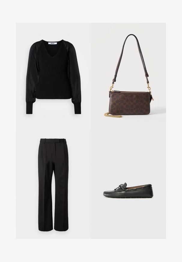 Pull noir DKNY à manches longues avec encolure en V, corps et poignets côtelés, et manches bouffantes en tissu lisse.; Pantalons noirs taille haute, en tissu lisse, avec un design à jambes droites, des poches latérales et un devant plat avec plis.; Bateau en cuir noir avec un bout arrondi, des détails de couture, un petit accent en nœud et une semelle en caoutchouc. Texture lisse et design épuré.; Sac bandoulière en cuir marron avec motif sombre, fermeture éclair dorée, bandoulière réglable et détail chaîne dorée sur fond blanc.