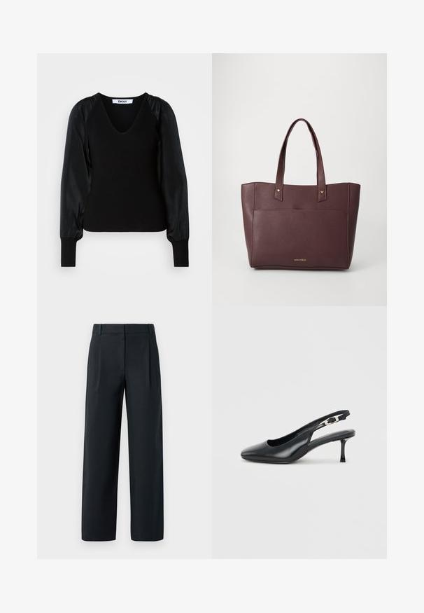 Pull noir DKNY à manches longues avec encolure en V, corps et poignets côtelés, et manches bouffantes en tissu lisse.; Pantalon noir ajusté avec une coupe droite, présentant des plis avant, une texture lisse et des passants de ceinture. Pas de poches visibles.; Chaussure slingback noire en cuir à bout pointu avec un petit talon aiguille bas et une bride réglable à boucle sur un fond clair uni.; Sac fourre-tout synthétique bordeaux avec deux poignées, design plat, accents en métal doré et une poche avant. Logo situé à la base.