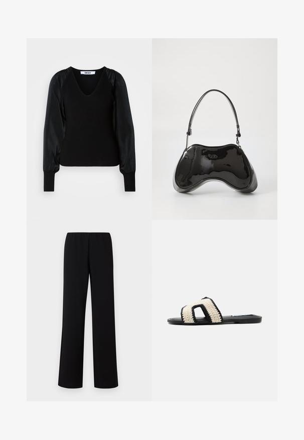 Zwarte DKNY trui met lange mouwen en V-hals, geribd lichaam en manchetten, en gladde stof met pofmouwen.; Zwarte wijde broek met elastische tailleband, gemaakt van een gladde stof, met een strak, minimalistisch ontwerp zonder versieringen.; Zwarte platte slide-sandaal met brede crème gehaakte band met grote uitsnede en zwarte rand.; Zwarte gepatenteerde leren handtas met een unieke gebogen vorm, korte verstelbare handgreep en een ritsopening. Glad uiterlijk met subtiele branding.