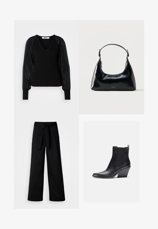 Zwarte DKNY trui met lange mouwen en V-hals, geribd lichaam en manchetten, en gladde stof met pofmouwen.; Zwarte wijde broek met een tailleband, met een strak design en een gladde textuur, gemaakt van een duurzame stof.; Zwarte leren enkellaarzen met een spitse neus, elastische zijpanelen en een blokhak. De afwerking is glad en het ontwerp is gestroomlijnd.; Zwarte glanzende Calvin Klein handtas met gouden rits en korte band tegen een effen witte achtergrond.