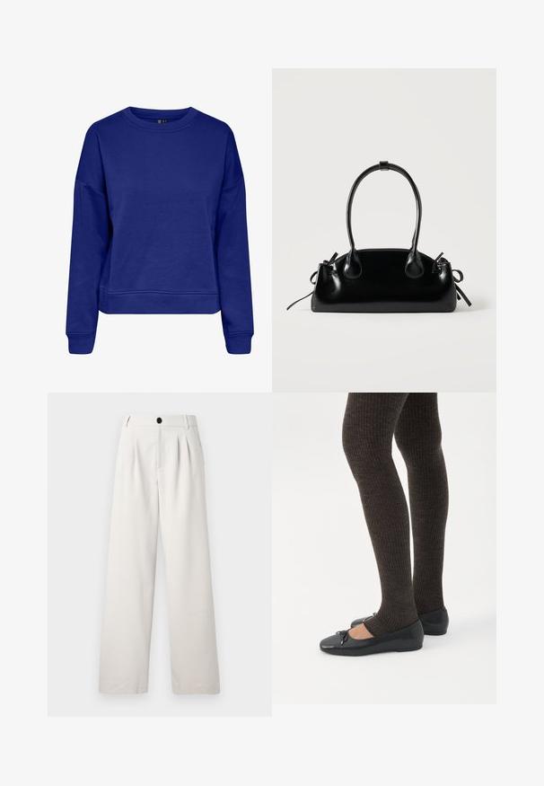 Sweatshirt bleu en tissu doux, avec un col rond, des manches longues et une coupe décontractée, doté de poignets et d'un ourlet côtelés.; Pantalons beige à jambes larges en tissu lisse, avec des plis avant, une fermeture à bouton unique et des poches latérales pour plus de praticité.; Jambes portant des leggings côtelés foncés associés à des ballerines noires avec de petits détails en nœud sur fond blanc.; Petit sac à main noir brillant avec deux longues anses et des détails à cordon sur les côtés sur un fond clair uni.