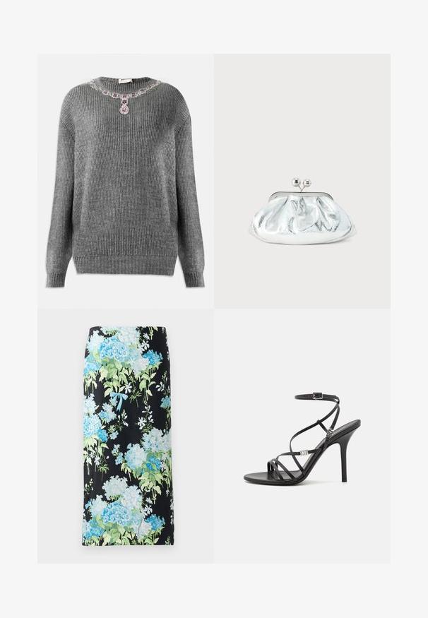 Pull en tricot gris avec texture côtelée, décolleté rond et accent bijou orné au col avec des pierres violettes et transparentes.; Jupe crayon florale en tissu noir, ornée de grandes hortensias bleues et vertes et de petites fleurs blanches, accentuée d'un nœud bleu clair.; Sandale noire à talons hauts avec des brides fines, une boucle à la cheville, une surface en cuir lisse et un talon aiguille élancé.; Petit sac pochette métallique argenté avec un design arrondi et froncé, fermeture à clip avec deux boules argentées.