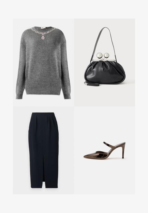 Pull en tricot gris avec texture côtelée, décolleté rond et accent bijou orné au col avec des pierres violettes et transparentes.; Jupe midi noire taille haute avec plis avant et fente centrale, coupe ajustée et poches latérales sur un fond uni.; Mule à talon haut marron foncé brillant à bout pointu avec une fine bride sur le coup de pied sur fond blanc uni.; Sac à main en cuir noir avec un design plissé, une sangle unique, un cadre métallique argenté et deux grandes fermoirs ronds en argent.