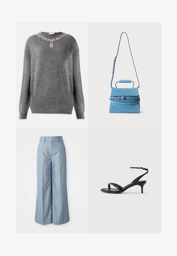 Pull en tricot gris avec texture côtelée, décolleté rond et accent bijou orné au col avec des pierres violettes et transparentes.; Pantalons larges bleu clair en tissu lisse avec une taille haute, deux boutons à l'avant et des coutures repassées pour un look sophistiqué.; Sandale pour femme en cuir noir avec fines lanières, une boucle d'orteil, une boucle à la cheville et un talon aiguille de hauteur moyenne sur un fond neutre.; Sac à main en daim bleu avec poignée supérieure, bandoulière longue réglable et détail boucle argentée sur la fermeture à rabat.