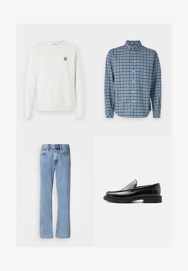 Sweatshirt blanc en coton, col rond, bords-côtes aux poignets et à l'ourlet, avec un petit logo brodé sur la poitrine, design minimaliste.; Chemise boutonnée en coton tissé, motif tartan bleu et noir, à manches longues, avec col, boutons blancs et poignets ajustables.; Jean en denim bleu clair avec une coupe droite, cinq poches et une fermeture à bouton. Détails de couture près des poches et de la taille.; Mocassin en cuir noir avec semelle en caoutchouc épaisse, dessus cousu et nom de marque embossé sur le talon, présenté de profil sur fond blanc.