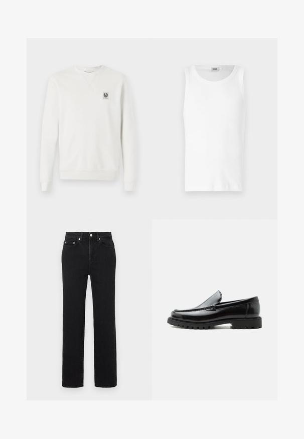 Weißes Sweatshirt aus Baumwollstoff, Rundhalsausschnitt, gerippte Bündchen und Saum, mit einem kleinen Logo-Patch auf der Brust, minimalistisches Design.; Weißes Baumwoll-Tanktop ohne Ärmel mit Rundhalsausschnitt und glatter Textur. Einfaches Design, ohne Muster oder Akzente.; Schwarze Jeans mit hoher Taille, geradem Bein, Taschen vorne und hinten, silbernem Knopfverschluss und Gürtelschlaufen vor weißem Hintergrund.; Schwarzer Lederloafer mit grober Gummisohle, genähter Oberseite und geprägtem Markennamen an der Ferse, seitlich auf weißem Hintergrund gezeigt.