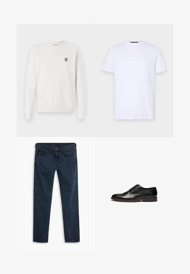 Hvid sweatshirt, bomuldsstof, rund halsudskæring, ribbede manchetter og kant, har et lille logo-patch på brystet, minimalisk design.; Hvid bomulds T-shirt med korte ærmer, rund halsudskæring, med et diskret præget logo på venstre bryst, glat tekstur.; Mørk denimjeans med lige ben, fem-lomme-design, lukning med metalknap og en ren, ubemærket finish.; Sort læderherresko med rund tå, fem snørehuller, og en kontrasterende brun sål. Glat tekstur med minimale detaljer.
