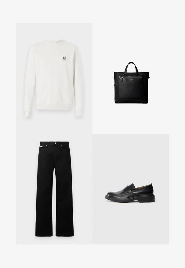 Weißes Sweatshirt aus Baumwollstoff, Rundhalsausschnitt, gerippte Bündchen und Saum, mit einem kleinen Logo-Patch auf der Brust, minimalistisches Design.; Schwarze Denim-Hose im weiten Bein-Design mit fünf Taschen und metallenen Knopfdetails. Glatte Textur, ohne sichtbare Muster.; Schwarze Leder-Pantoletten mit niedrigem Absatz und dezentem Calvin Klein-Logo an der Seite, im Profil vor einem weißen Hintergrund dargestellt.; Schwarze Tragetasche mit Doppelgriffen, großer vorderer Ledertasche mit Reißverschluss und dezentem Calvin Klein-Logo in der Mitte der Tasche.