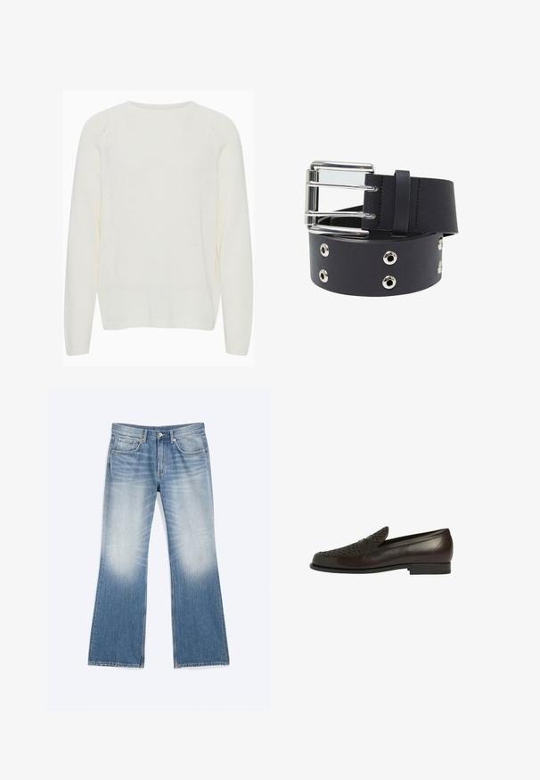 Hvid strikket sweater med rund halsudskæring, lange raglanærmer, ribbede manchetter og en let løs pasform. Teksturen fremstår blød og let.; Blå falmede denimjeans med høj talje, fem lommer, knaplukning og en let flared bund.; Brun læder loafersko med vævet tekstur på vampen, glat finish på siderne, lav hæl og minimalistisk design.; Sorte læderbælte med et bredt design, sølvfarvet spænde med en glat finish, og flere sølvfarvede øsner langs remmen.