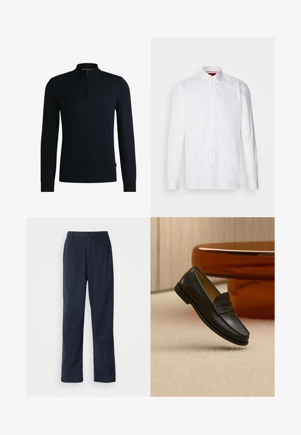 Mørk navy pullover trøje med høj krave og halv lynlås lukning. Fremstillet af glat strikstof med ribbede manchetter og kant. Simpelt design.; Hvid langærmet skjorte lavet af bomuld, med en klassisk krave, frontplacket med knapper og en glat tekstur. Rød detalje på den indre krave.; Mørkeblå bukser lavet af en bomuldsblanding. Har et lige ben design, en frontknaplukning og diskrete plisser. Glat tekstur.; Sort læder loafer-sko hængende over beige tæppe med ravfarvet moderne møblement i baggrunden.
