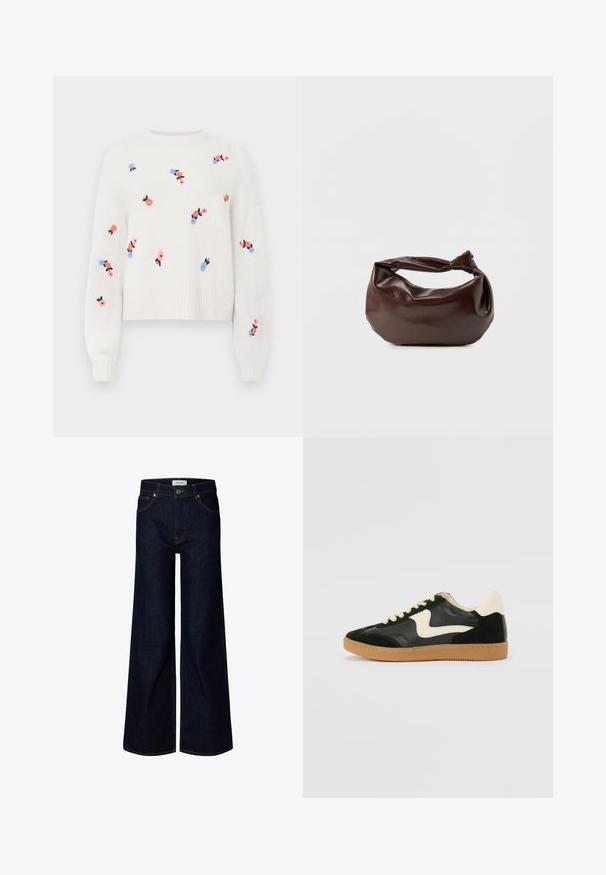 Witte gebreide trui met geborduurde bloemenpatronen in roze, blauw en zwart. Heeft een ronde halslijn en ribbelboorden.; Donkerblauwe denim jeans met wijde pijpen, vooraan met knoop en ritssluiting, riemlussen en voorzakken, weergegeven op een witte achtergrond.; Zwarte suède en leren sneaker met een crèmekleurige zij-swoosh en lichte crèmekleurige hiel. Voorzien van beige veters en een gumrubberen zool.; Donkerbruine leren schoudertas met een zachte, slungelige vorm en een gedraaide knoopvormige handgreep op een effen witte achtergrond.