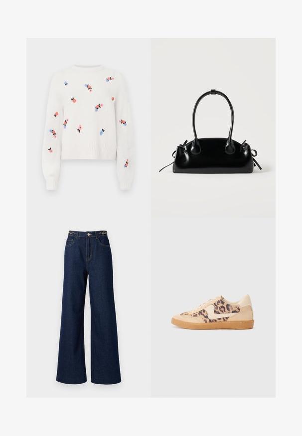 Suéter blanco de punto con patrones florales bordados en rosa, azul y negro. Presenta un cuello redondo y puños acanalados.; Los pantalones vaqueros de pierna ancha de denim azul oscuro cuentan con una cintura alta, acentos de cadena dorada en la pretina y detalles de costura en contraste a lo largo de la prenda.; Zapatillas de leopardo con parte superior de ante beige, suela de goma marrón y acentos blancos. Punta redonda y diseño con cordones con un acabado texturado.; Pequeño bolso negro brillante con dos asas largas y detalles de cordón lateral sobre un fondo claro liso.