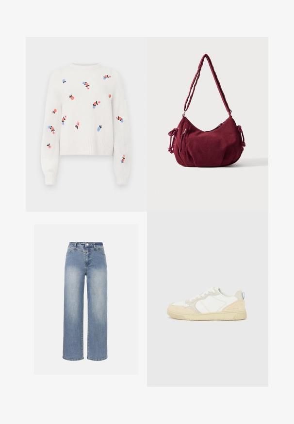 Witte gebreide trui met geborduurde bloemenpatronen in roze, blauw en zwart. Heeft een ronde halslijn en ribbelboorden.; Lichtblauwe jeans met hoge taille en brede pijpen, met een vervaagde wassing, een drukknoop aan de voorkant, rits en klassiek vijfzakkenontwerp.; Witte en beige sneaker met een bovenwerk van suède en textiel, voorzien van contrasterende stiksels, een rubberen zool en een lichtblauwe accenten op de hiel.; Zachte kastanjebruine corduroy schoudertas met verstelbare band, ritssluiting, zijstrikjes en een voorvak met rits.