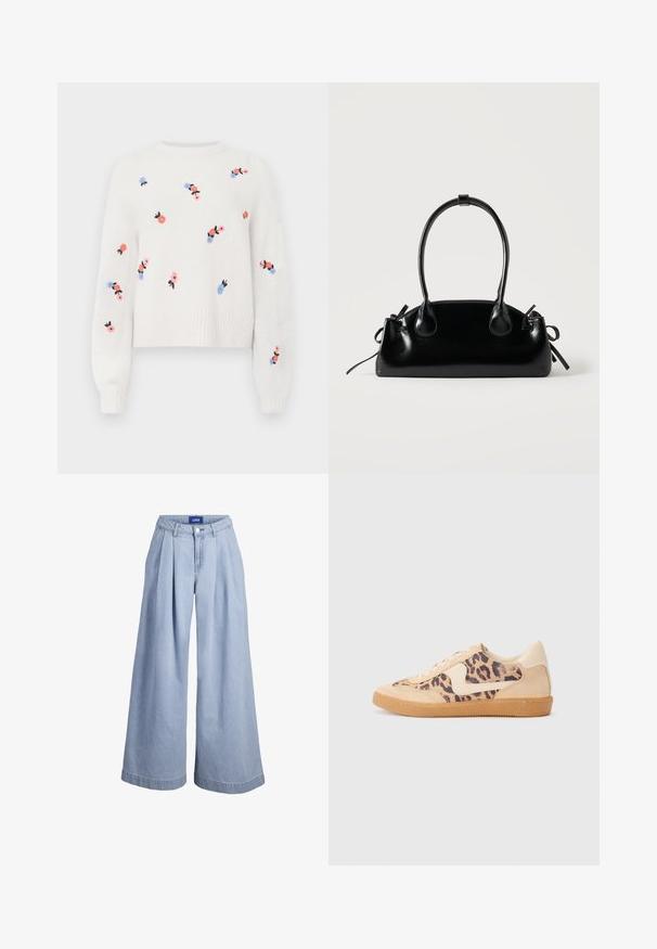 Pull en tricot blanc avec des motifs floraux brodés en rose, bleu et noir. Il possède un col rond et des poignets côtelés.; Pantalon en denim bleu clair à jambes larges avec plis à l'avant, fermeture par boutons et étiquette JJXX sur la ceinture intérieure.; Baskets en imprimé léopard avec tige en suède beige, semelle en caoutchouc tan et accents blancs. Bout rond et design à lacets avec une finition texturée.; Petit sac à main noir brillant avec deux longues anses et des détails à cordon sur les côtés sur un fond clair uni.