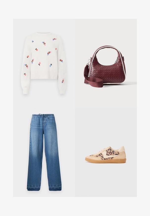 Pull en tricot blanc avec des motifs floraux brodés en rose, bleu et noir. Il possède un col rond et des poignets côtelés.; Pantalon en denim bleu à jambes larges avec ceinture élastique et cordon de serrage, présentant des zones légèrement délavées et des ourlets cousus.; Baskets en imprimé léopard avec tige en suède beige, semelle en caoutchouc tan et accents blancs. Bout rond et design à lacets avec une finition texturée.; Sac à main en cuir tressé marron foncé avec poignée courbée, garniture blanche, fermeture éclair argentée et bandoulière large en tissu amovible sur fond uni.