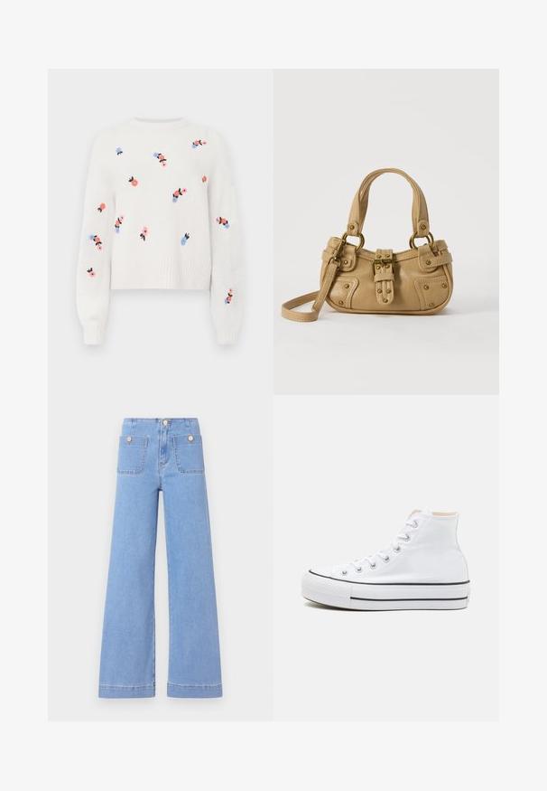 Pull en tricot blanc avec des motifs floraux brodés en rose, bleu et noir. Il possède un col rond et des poignets côtelés.; Jeans larges bleu clair à taille haute, dotés de deux poches arrière et de boutons dorés. Fabriqués en denim avec une texture lisse et une finition soignée.; Baskets montantes blanches en toile, semelle en caoutchouc noir et bande noire contrastante sur la semelle intermédiaire. Bout rond et design à lacets.; Sac à main en cuir beige avec double poignées, boucle en laiton et détails rivetés, ainsi qu'une bandoulière réglable sur fond blanc.