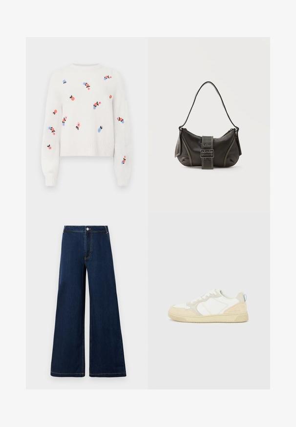 Hvid strikket sweater med broderede blomsterdesigns i pink, blå og sort. Har en rund hals og ribstrikkede manchetter.; Bredde denim jeans i mørkeblå med guld sting, der har en frontknap og lynlåslukning samt et klassisk fem-lomme design.; Hvid og beige sneaker med en overdel i ruskind og tekstil, med kontrastsyninger, en gummisål og en lyseblå detalje på hælen.; Sort læder skuldertaske med spænde på remmen, afrundede kanter og kontrasterende hvide syninger på en ensfarvet baggrund.