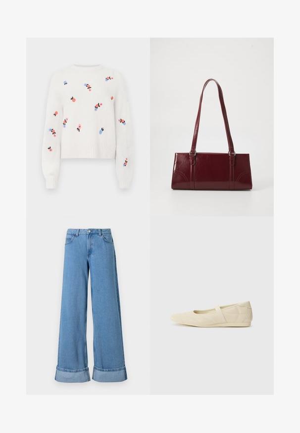 Pull en tricot blanc avec des motifs floraux brodés en rose, bleu et noir. Il possède un col rond et des poignets côtelés.; Jean en denim bleu clair à jambes larges avec une taille haute, des poignets roulés, un design à cinq poches et une fermeture à bouton avec un zip.; Ballerines beiges avec une exterior en cuir lisse, un bout en forme d'amande et une sangle élastique sur le coup de pied, avec des détails de couture subtils.; Sac à main bordeaux en matériau brillant, de forme rectangulaire, avec deux anses et des accents légèrement courbés à l'avant.