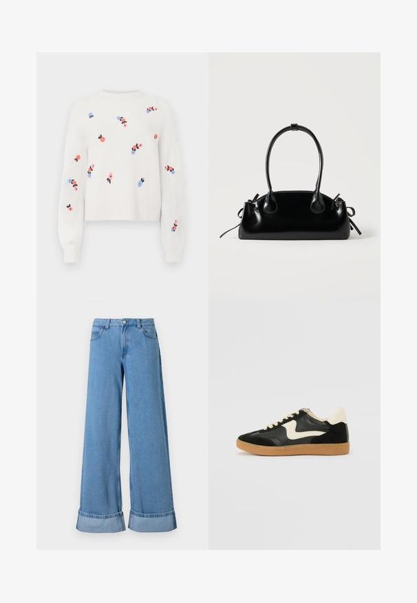 Witte gebreide trui met geborduurde bloemenpatronen in roze, blauw en zwart. Heeft een ronde halslijn en ribbelboorden.; Lichtblauwe denim wijdvallende jeans hebben een hoge taille, opgerolde manchetten, een vijf-pocket ontwerp en een knoopsluiting met een ritssluiting.; Zwarte suède en leren sneaker met een crèmekleurige zij-swoosh en lichte crèmekleurige hiel. Voorzien van beige veters en een gumrubberen zool.; Kleine zwarte glanzende handtas met twee lange hengsels en zijkant trekkoord details op een effen lichte achtergrond.