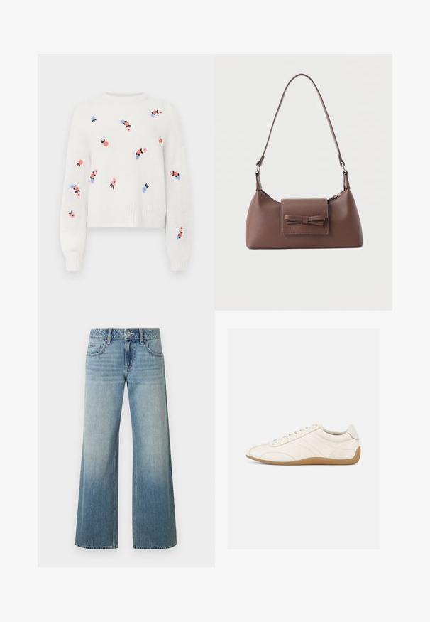 Suéter blanco de punto con patrones florales bordados en rosa, azul y negro. Presenta un cuello redondo y puños acanalados.; Vaqueros de pierna ancha en azul claro con acabado desteñido, con cierre de botones, cinco bolsillos y costuras decorativas a lo largo de las costuras.; Zapatilla deportiva de cuero blanco con textura suave, punta redondeada y costuras tono sobre tono. Cuenta con una suela de goma color cuero y cierre de cordones.; Bolso bandolera de cuero marrón con un bolsillo frontal de solapa que presenta un detalle de moño cosido y una correa ajustable.