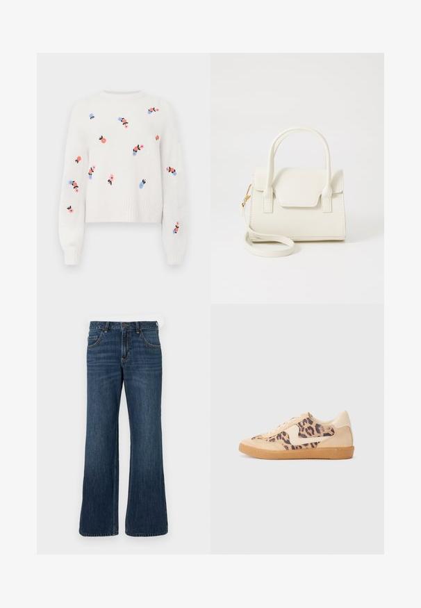 Witte gebreide trui met geborduurde bloemenpatronen in roze, blauw en zwart. Heeft een ronde halslijn en ribbelboorden.; Donkerblauwe wijde jeans met klassiek ontwerp met vijf zakken, voorzien van een knoopsluiting en subtiele vervaging. Gemaakt van denimstof.; Luipaardprint sneakers met een beige suède bovenkant, tan rubberen zool en witte accenten. Ronde neus en vetersluiting met een gestructureerde afwerking.; Kleine witte handtas met dubbele handvatten, voorflap en afneembare schouderband met gouden gesp op een effen witte achtergrond.