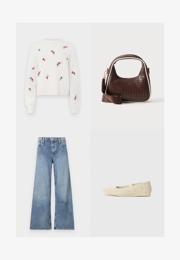 Witte gebreide trui met geborduurde bloemenpatronen in roze, blauw en zwart. Heeft een ronde halslijn en ribbelboorden.; Lichtblauwe wijde denim jeans met steekzakken aan de voorkant, ceintuurlussen, knoopsluiting en vervaagde details.; Beige ballerina's met een gladde leren buitenkant, amandelvormige punt en elastische band over de wreef, met subtiele stiksels.; Bruine geweven leren handtas met witte bies, gouden ritssluiting en afneembare bruine stoffen schouderriem.