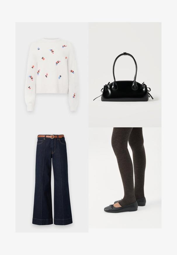 Suéter blanco de punto con patrones florales bordados en rosa, azul y negro. Presenta un cuello redondo y puños acanalados.; Jeans de mezclilla de un azul oscuro, de pierna ancha y con una cintura alta, cinturón marrón y detalles de costura visibles. Incluye bolsillos delanteros y un ajuste relajado.; Piernas con leggings oscuros acanalados combinados con bailarinas negras que presentan pequeños detalles de lazo sobre un fondo blanco.; Pequeño bolso negro brillante con dos asas largas y detalles de cordón lateral sobre un fondo claro liso.