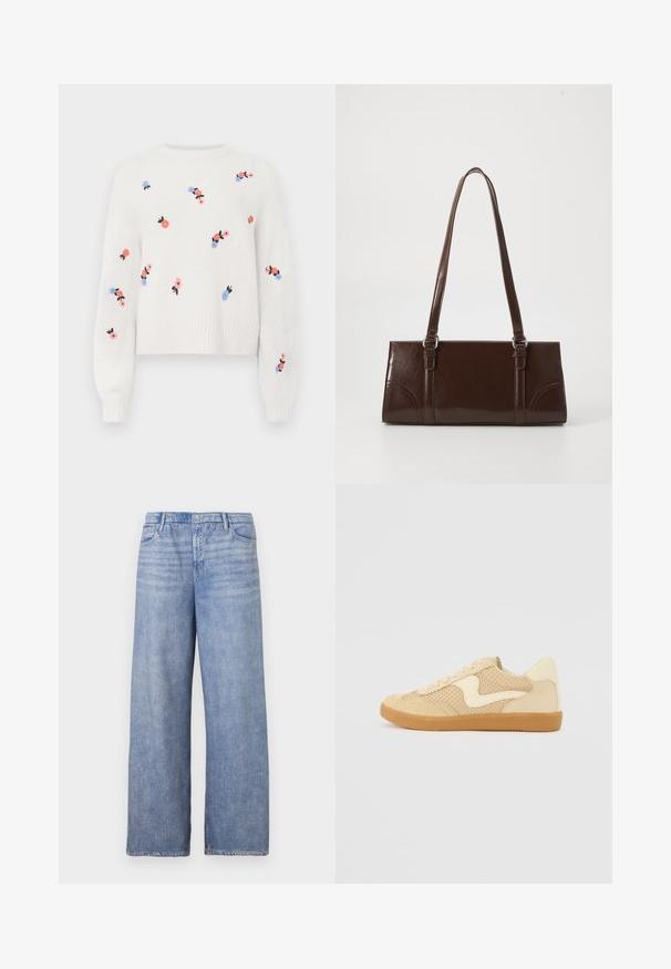 Pull en tricot blanc avec des motifs floraux brodés en rose, bleu et noir. Il possède un col rond et des poignets côtelés.; Jeans large en denim bleu clair, dotés d'un design classique à cinq poches, d'une fermeture à bouton et d'un délavage visible sur le tissu.; Sneaker beige avec des matériaux en daim et en maille, forme arrondie, col rembourré proéminent et semelle en caoutchouc gomme. Présente un accent de design en forme de vague.; Sac à main en cuir verni marron de forme rectangulaire, avec deux longues poignées et des accents courbés subtils à l'avant.