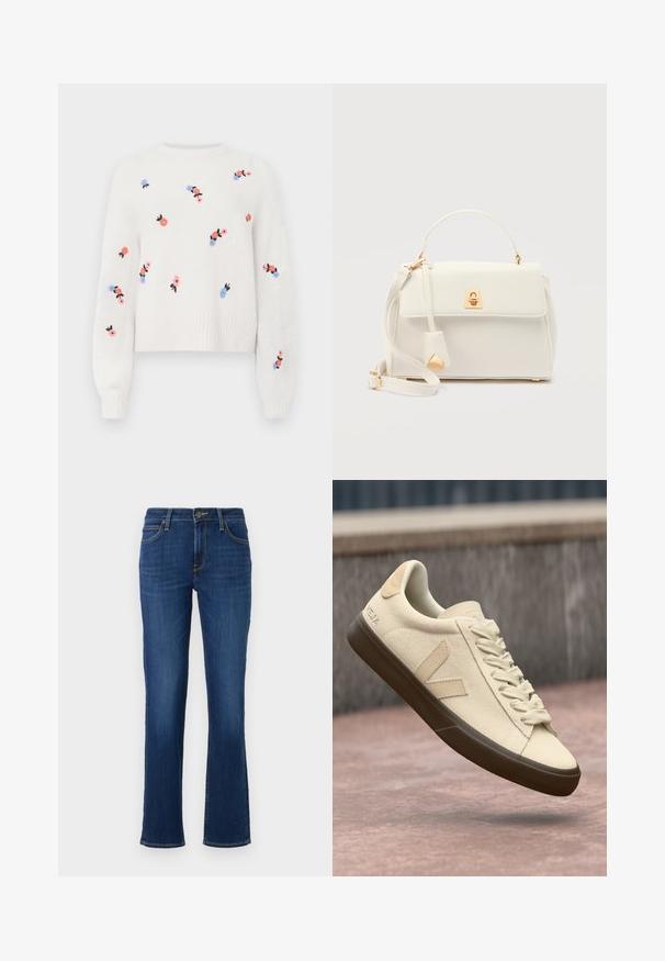 Hvid strikket sweater med broderede blomsterdesigns i pink, blå og sort. Har en rund hals og ribstrikkede manchetter.; Mørkeblå jeans med lige ben, forlommer, bæltestropper, knaplukning og synlige syninger på hvid baggrund.; Beige vegansk læder sneaker med cremede snørebånd, brun gummisål og logodetalje på hælen. Rengøringsdesign med subtile tonale accenter.; Hvid lædertaske med håndtag øverst, justerbar skulderrem, klaplukning og gulddetalje med lås på en ensfarvet baggrund.