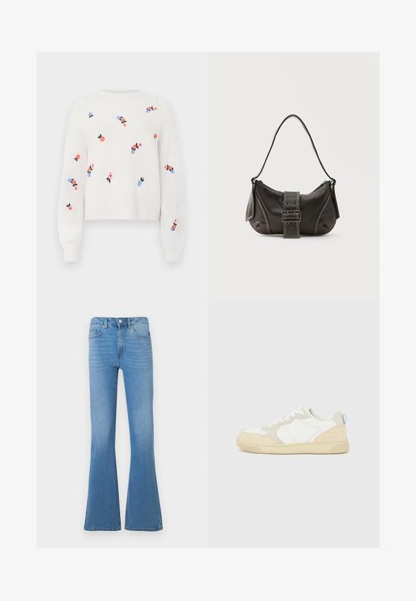 Witte gebreide trui met geborduurde bloemenpatronen in roze, blauw en zwart. Heeft een ronde halslijn en ribbelboorden.; Lichtblauwe denim flared jeans met een taille van gemiddelde hoogte, voorzien van voorzakken en een knoopsluiting. Soepele textuur en klassieke vijfzakkenontwerp.; Witte en beige sneaker met een bovenwerk van suède en textiel, voorzien van contrasterende stiksels, een rubberen zool en een lichtblauwe accenten op de hiel.; Zwarte leren schoudertas met gespsluiting aan de riem, afgeronde hoeken en contrasterende witte stiksels op een effen achtergrond.