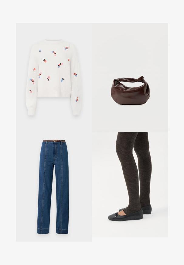 Suéter blanco de punto con patrones florales bordados en rosa, azul y negro. Presenta un cuello redondo y puños acanalados.; Jeans de mezclilla en azul oscuro con un corte recto, cintura alta y cinturón trenzado marrón. Presenta costuras en contraste a lo largo de las costuras laterales.; Piernas con leggings oscuros acanalados combinados con bailarinas negras que presentan pequeños detalles de lazo sobre un fondo blanco.; Bolso de hombro de cuero marrón oscuro con una forma suave y caída, y un asa con nudo torcido sobre un fondo blanco liso.