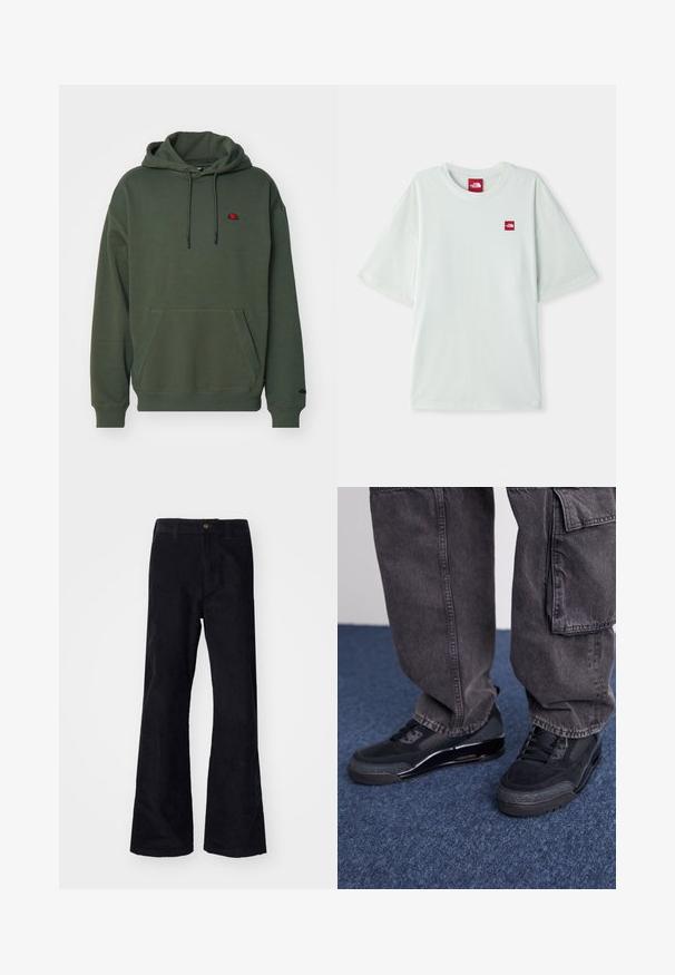 Sudadera verde oliva con bolsillo canguro, cordones ajustables, puños acanalados y un pequeño logo bordado en el pecho. Textura de tela suave.; Camiseta de manga corta verde claro hecha de algodón suave, con una pequeña etiqueta de logo rojo en el área del pecho izquierdo. Corte relajado y escote redondo.; Pantalones de algodón negros acampanados con una cinturilla tradicional, un solo botón frontal y bolsillos a los lados y en la parte posterior. Textura suave.; Zapatillas deportivas negras con una superficie texturizada, acentos suaves y una suela gruesa, combinadas con pantalones cargo oscuros y holgados.