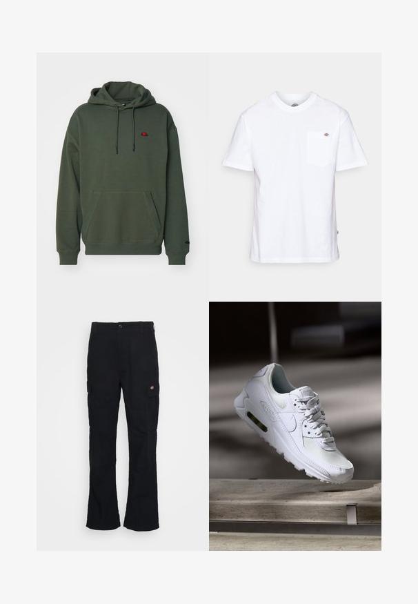 Sudadera verde oliva con bolsillo canguro, cordones ajustables, puños acanalados y un pequeño logo bordado en el pecho. Textura de tela suave.; Camiseta de algodón blanca con cuello redondo, mangas cortas y un bolsillo en el pecho que presenta un pequeño logotipo de la marca en el lado izquierdo.; Pantalones cargo negros con un diseño de pierna recta, hechos de tela duradera, con bolsillos laterales y un logo de parche en el lado izquierdo.; Zapatilla Nike Air Max 90 blanca con parte superior de malla y cuero, caja de puntera perforada y unidad de aire visible en el talón.
