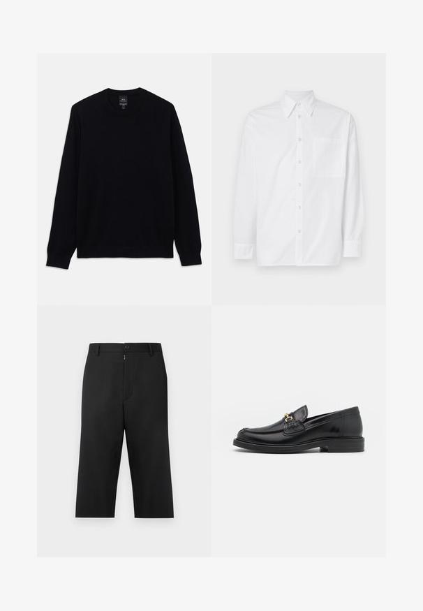 Čierny dlhý rukáv sveter s crewneck výstrihom a rebrovanými manžetami a lemom, na vnútornej strane goliera je viditeľná etiketa Armani Exchange.; Biela košeľa s dlhým rukávom vyrobená z bavlny. Má klasický golier, predné zapínanie na gombíky a jednu náprsník na ľavej strane.; Čierne skrátené nohavice z hladkého materiálu, s predným zipsom a gombíkovým zapínaním, opaskovými pútkami a bočnými vreckami.; Čierne kožené loafers so zaoblenou špičkou, s pozlátenými kovovými prvkami a detailným šitím, uložené na nízkej, textúrovanej gumenej podrážke.