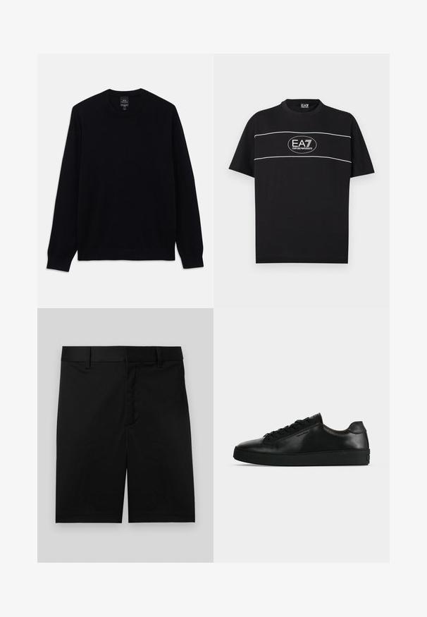 Zwarte lange mouwen crewneck trui met geribbelde manchetten en zoom, Armani Exchange-label zichtbaar aan de binnenkant van de kraag.; Zwart T-shirt met korte mouwen, witte horizontale strepen en een ovale logo met de tekst "EA7 Emporio Armani" centraal op de borst.; Zwarte op maat gemaakte knielange shorts met riemlussen en een platte voorkant, getoond tegen een neutrale grijze achtergrond.; Zwarte lage leren sneaker met zwarte veters en een dikke zwarte zool, getoond van opzij tegen een lichtgrijze achtergrond.