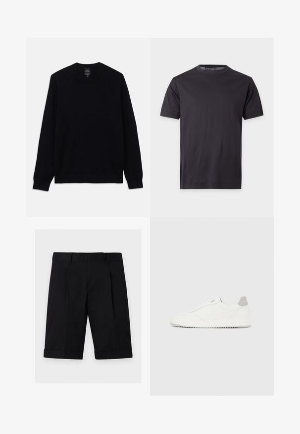 Zwarte lange mouwen crewneck trui met geribbelde manchetten en zoom, Armani Exchange-label zichtbaar aan de binnenkant van de kraag.; Eenvoudig zwart T-shirt met korte mouwen en ronde hals, met een klein tonig logo op de linkerborst en een gebrandlabelde nek.; Zwarte, op maat gemaakte knielange shorts met een tailleband met knopen, riemlussen en omgeslagen zoom op een effen lichte achtergrond.; Witte lage sneaker met grijze hielpatch, witte veters en een gestructureerde zool, gepresenteerd op een effen lichte achtergrond.