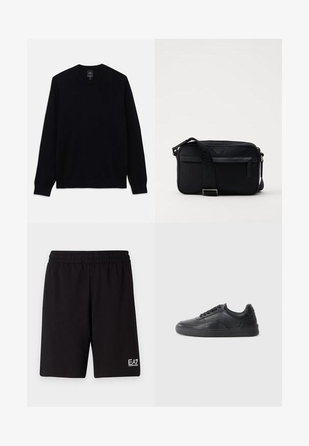 Čierny dlhý rukáv sveter s crewneck výstrihom a rebrovanými manžetami a lemom, na vnútornej strane goliera je viditeľná etiketa Armani Exchange.; Čierne športové šortky vyrobené z mäkkej tkaniny, s elastickým pásom a malým bielym logom na dolnej pravej strane.; Čierne kožené tenisky s hladkým povrchom, zaoblenou špičkou, texturovanou bočnou časťou a čiernymi šnúrkami. Majú plochú gumovú podrážku a minimalistický dizajn.; Čierna nylonová taška cez rameno so kontrastným popruhom, štýlovým obdĺžnikovým tvarom, detailom loga a zipsovou kapsou na prednej strane.