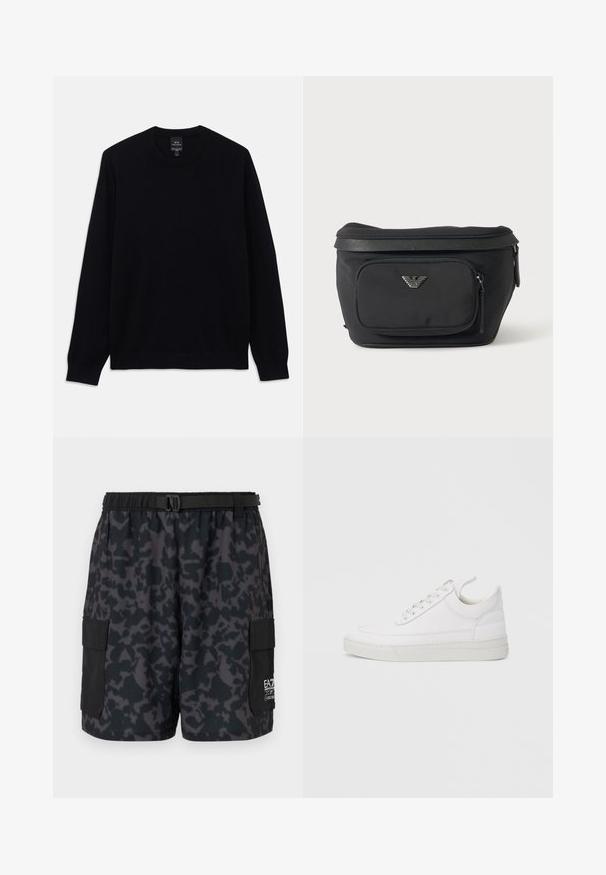 Sort langærmet crewneck sweater med ribbet manchetter og nederkant, Armani Exchange mærket synligt på indersiden af kraven.; Sorte shorts med et mørkt camo-mønster, elastisk talje, sidelommer og et bælte med spænde. Fremstillet af let, komfortabelt materiale.; Hvid lædersneaker med rundet tå, flad sål og snørebånd foran. Har syningsdetaljer og polstret krave for komfort.; Sort bæltetaske med frontlynlåslomme og sølv ørn-logo, glat stof med tekstureret kant og lynlåstræk.