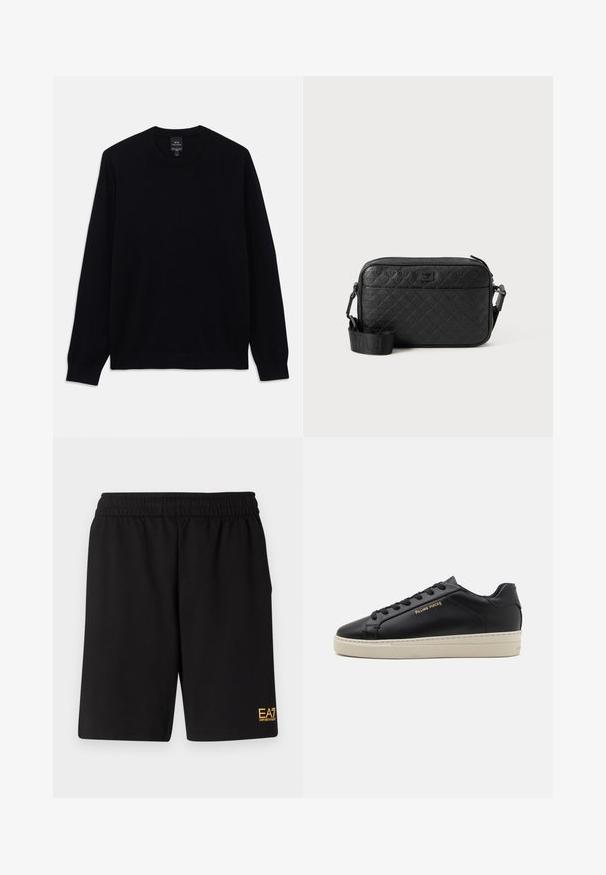 Čierny dlhý rukáv sveter s crewneck výstrihom a rebrovanými manžetami a lemom, na vnútornej strane goliera je viditeľná etiketa Armani Exchange.; Čierne športové šortky vyrobené z jemného materiálu, s elastickým pásom a malým žltým logom EA7 na dolnej ľavej nohe.; Čierne kožené tenisky s hladkým povrchom, kontrastnou krémovou podrážkou, zaoblenou špičkou, zlatým logom na boku a šiestimi dierkami na šnúrky.; Čierna textúrovaná crossbody taška s embosovaným geometrickým vzorom a nastaviteľným popruhom s logom značky.